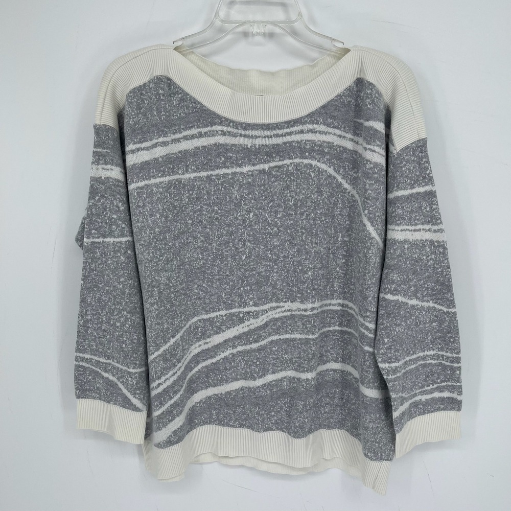 Chico's Women's Gray Abstract Stripe Knit 3/4 Sleeve Pullover Sweater Size 2 L